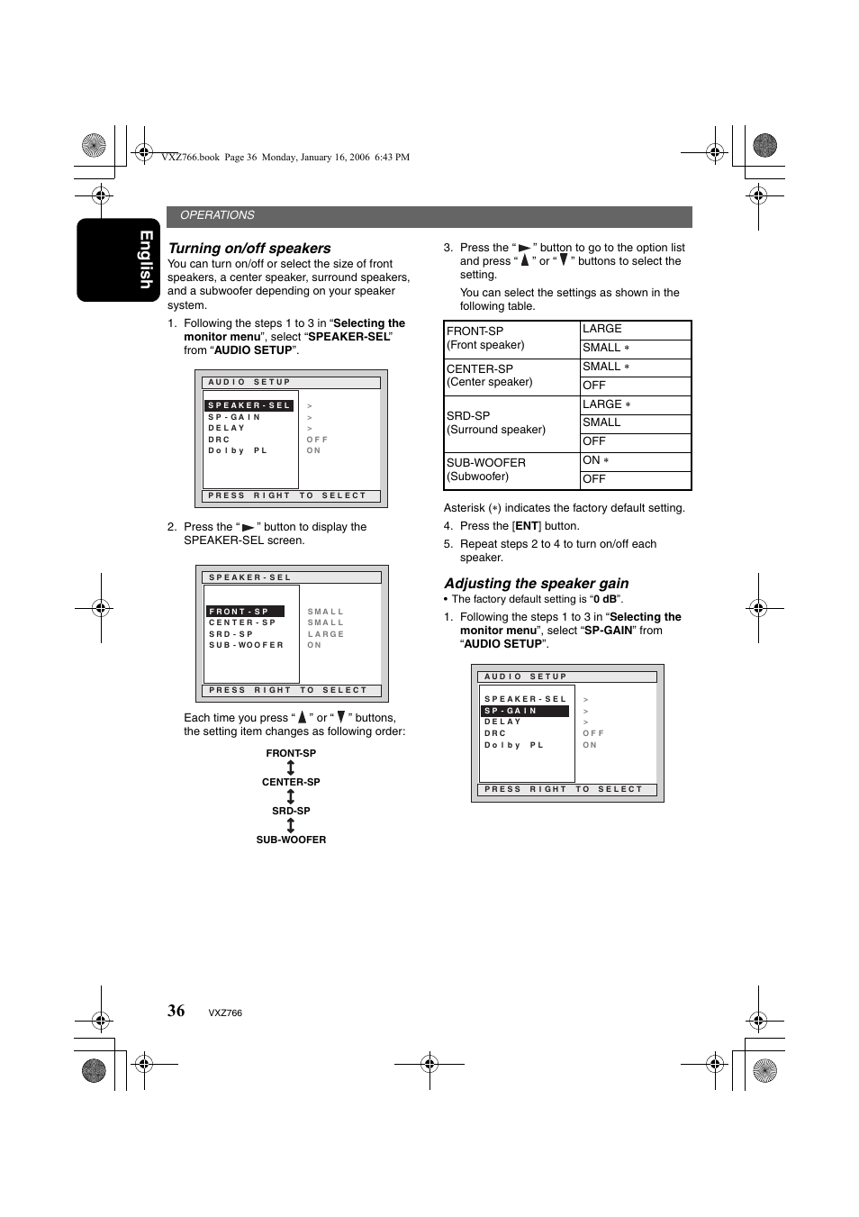 English, Turning on/off speakers, Adjusting the speaker gain | Clarion VXZ766 User Manual | Page 36 / 51