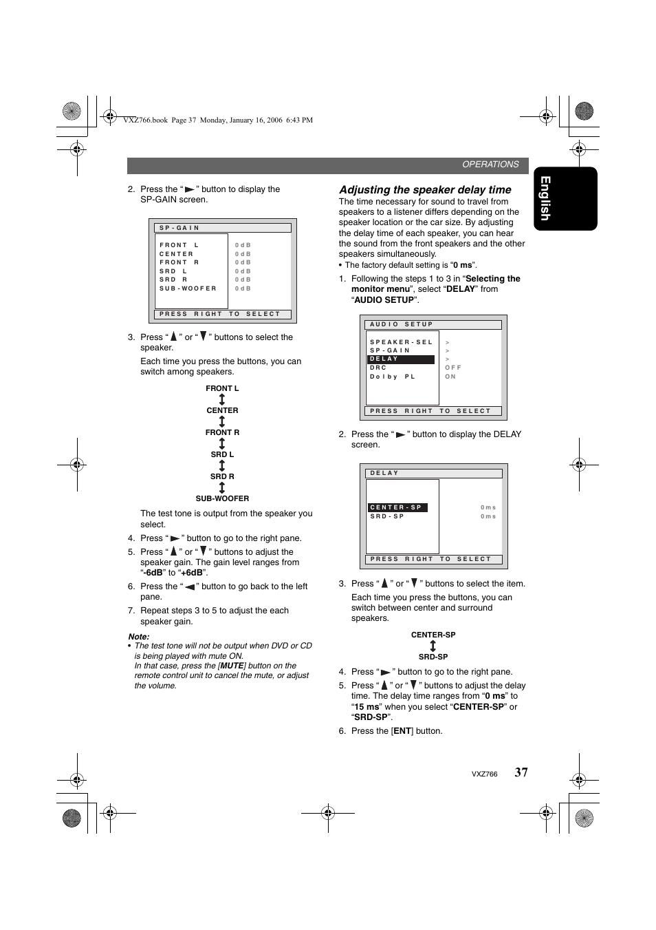 English, Adjusting the speaker delay time | Clarion VXZ766 User Manual | Page 37 / 51