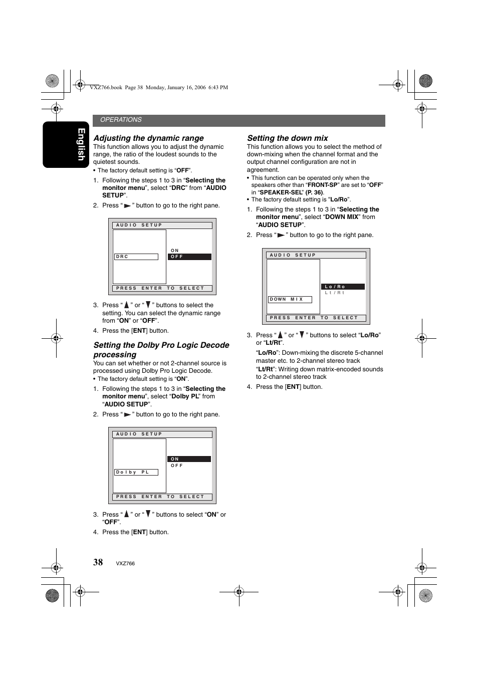 English, Adjusting the dynamic range, Setting the dolby pro logic decode processing | Setting the down mix | Clarion VXZ766 User Manual | Page 38 / 51