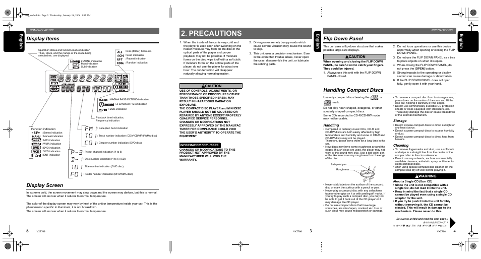 Flip down panel, Handling compact discs, Precautions | Display items display screen, English | Clarion VXZ766 User Manual | Page 4 / 51