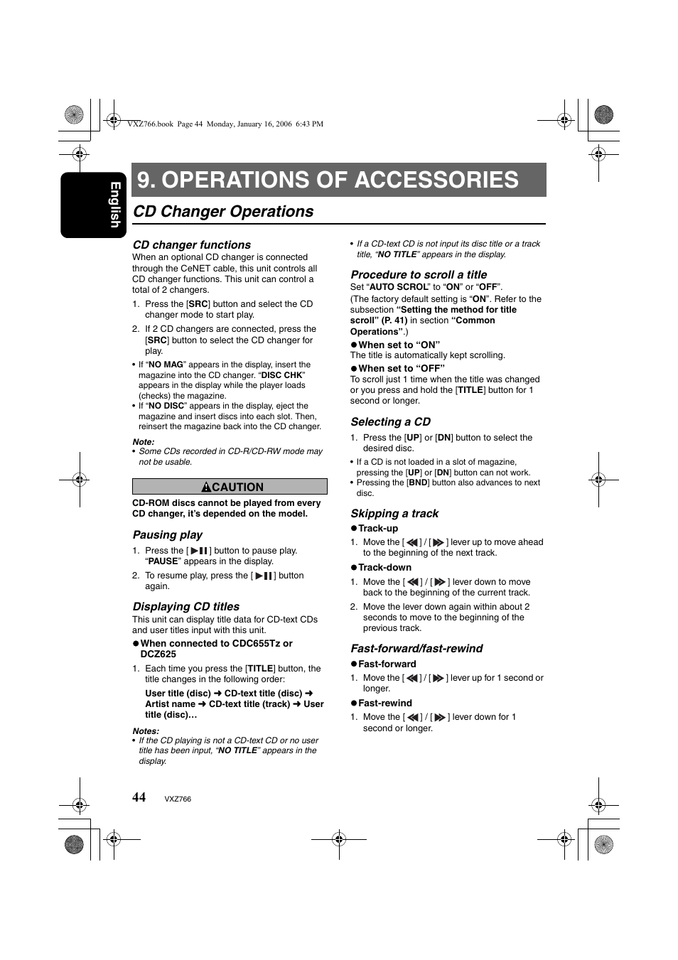 Operations of accessories, Cd changer operations, English | Clarion VXZ766 User Manual | Page 44 / 51