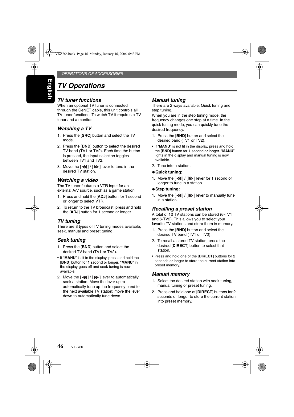 Tv operations, English | Clarion VXZ766 User Manual | Page 46 / 51