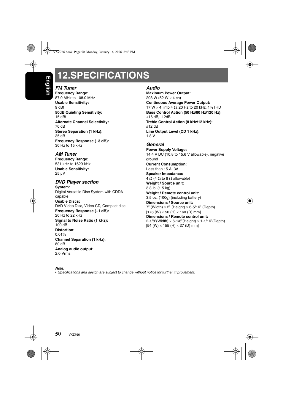 Specifications, English | Clarion VXZ766 User Manual | Page 50 / 51