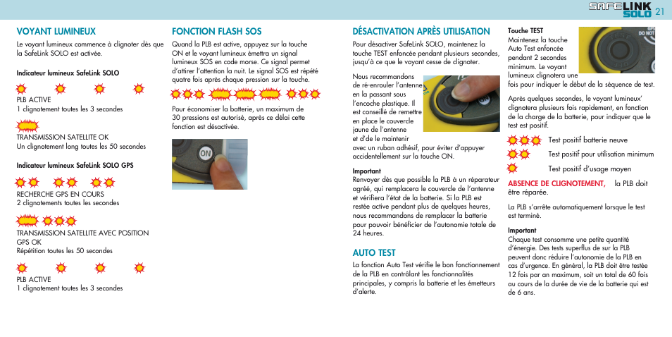 Désactivation après utilisation, Auto test, Voyant lumineux | Fonction flash sos | Kannad Marine SOLO PLB User Manual | Page 11 / 26