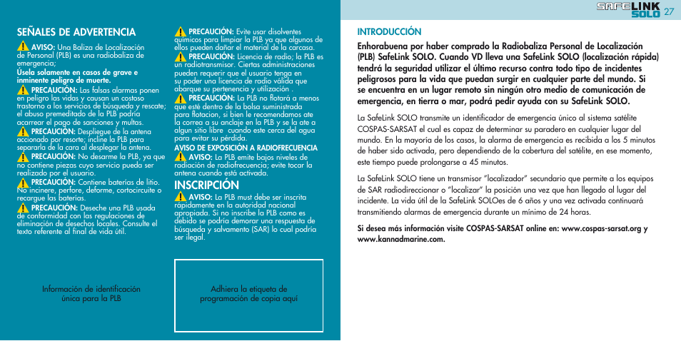 Inscripción, Señales de advertencia | Kannad Marine SOLO PLB User Manual | Page 14 / 26