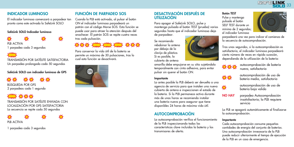 Desactivación después de utilización, Autocomprobación, Indicador luminoso | Función de parpadeo sos | Kannad Marine SOLO PLB User Manual | Page 17 / 26