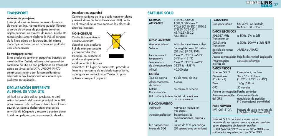 Transporte, Declaración referente al final de vida útil, Safelink solo 37 | Kannad Marine SOLO PLB User Manual | Page 19 / 26