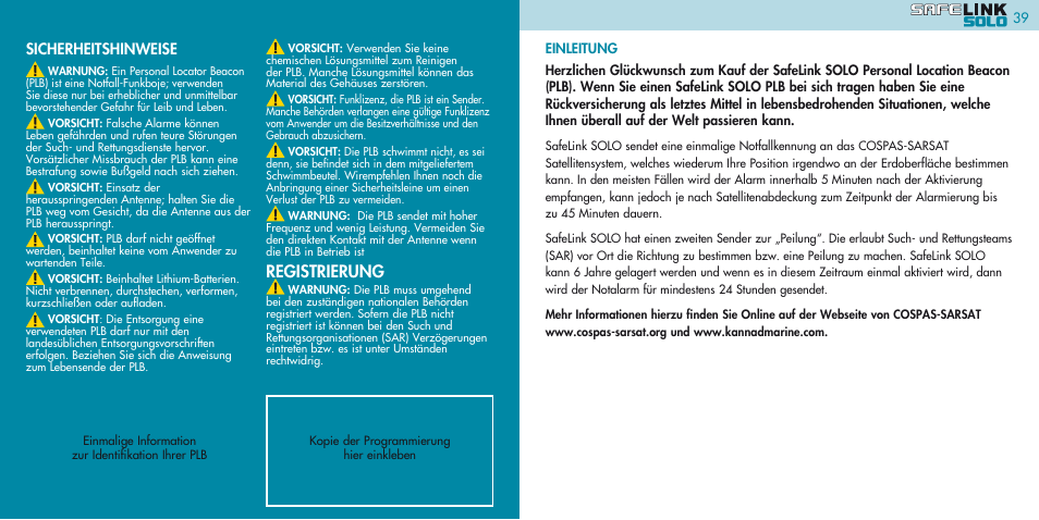 Registrierung, Sicherheitshinweise | Kannad Marine SOLO PLB User Manual | Page 20 / 26