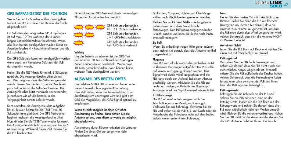 Gps empfangstest der position, Auswahl des besten ortes | Kannad Marine SOLO PLB User Manual | Page 24 / 26