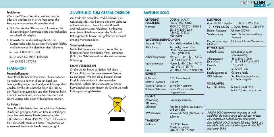 Safelink solo 49, Transport, Anweisung zum gebrauchsende | Kannad Marine SOLO PLB User Manual | Page 25 / 26