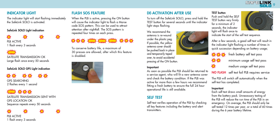 De-activation after use, Self test, Indicator light | Flash sos feature | Kannad Marine SOLO PLB User Manual | Page 5 / 26