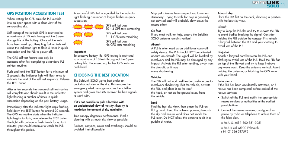 Gps position acquisition test, Choosing the best location | Kannad Marine SOLO PLB User Manual | Page 6 / 26