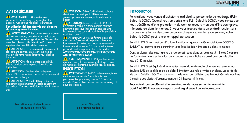 Inscription, Avis de sécurité | Kannad Marine SOLO PLB User Manual | Page 8 / 26