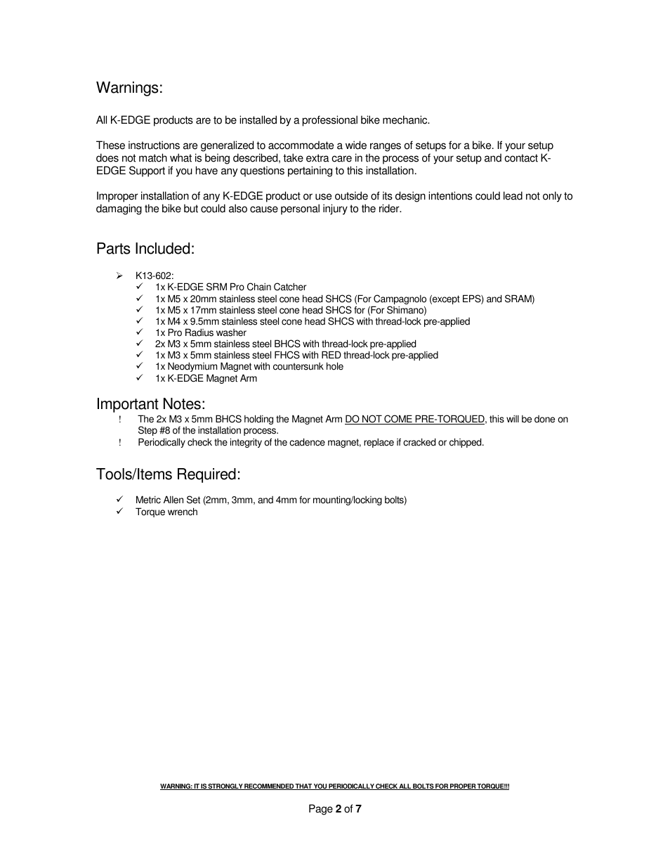 Warnings, Parts included, Tools/items required | K-Edge K13-602 User Manual | Page 2 / 7