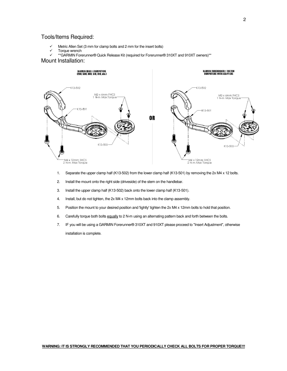 Tools/items required, Mount installation | K-Edge K13-500-[color] User Manual | Page 2 / 5