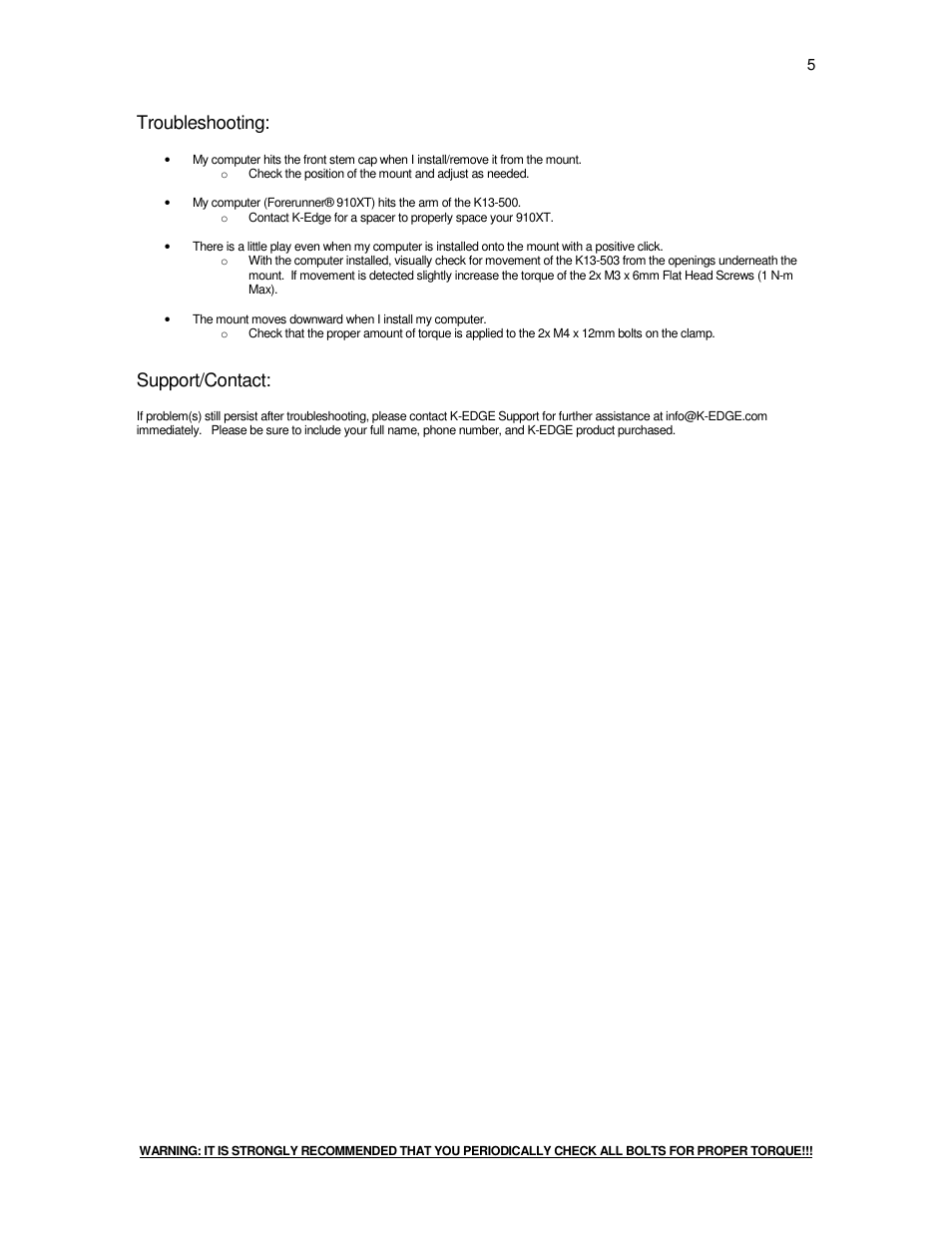 Troubleshooting, Support/contact | K-Edge K13-500-[color] User Manual | Page 5 / 5