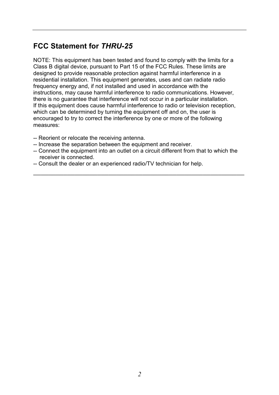Fcc statement for thru-25 | Kenton THRU-25 User Manual | Page 2 / 4