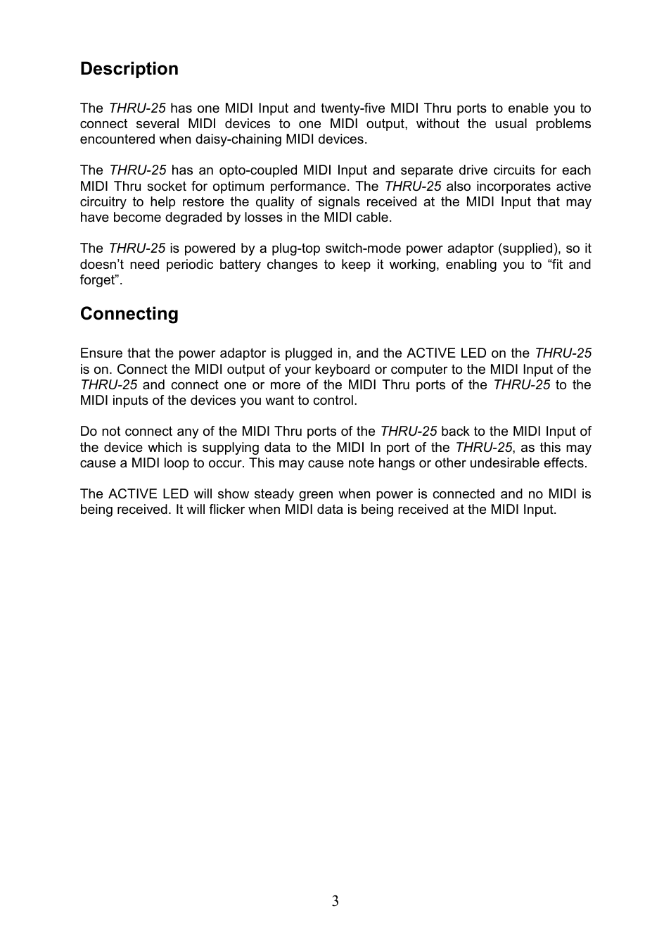 Description, Connecting | Kenton THRU-25 User Manual | Page 3 / 4