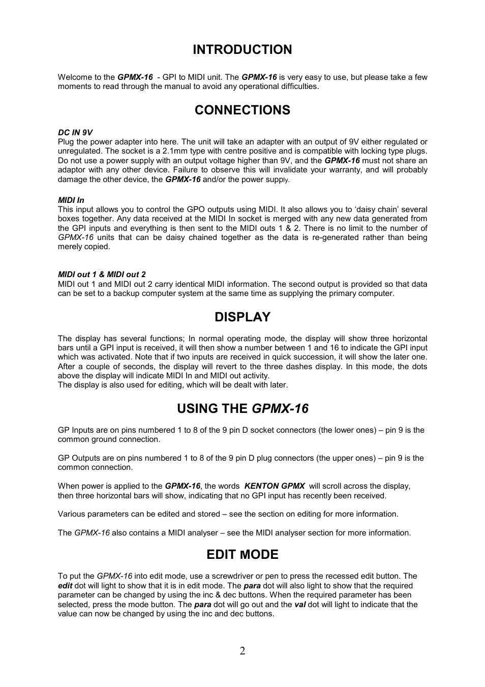 Introduction, Connections, Display | Using the gpmx-16, Edit mode | Kenton GPMX-16 User Manual | Page 2 / 6