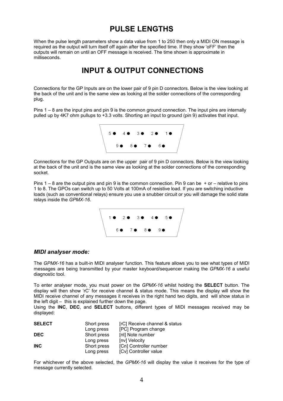 Pulse lengths, Input & output connections | Kenton GPMX-16 User Manual | Page 4 / 6