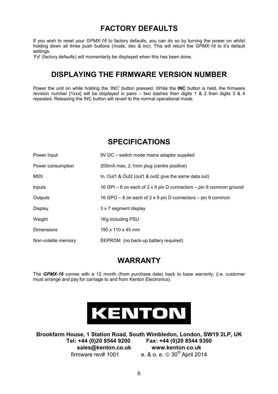 Factory defaults, Displaying the firmware version number, Specifications | Warranty | Kenton GPMX-16 User Manual | Page 6 / 6