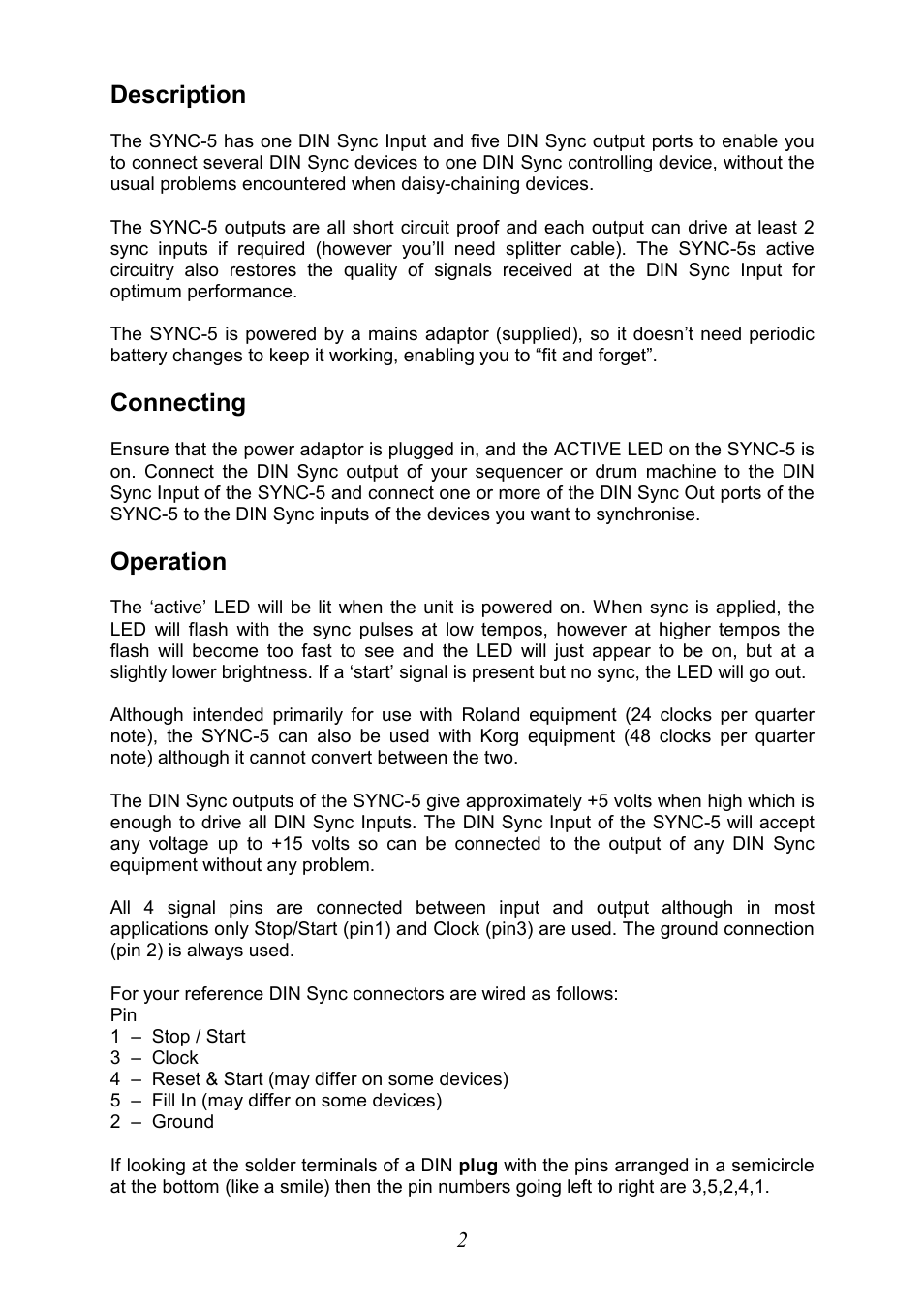 Description, Connecting, Operation | Kenton SYNC-5 User Manual | Page 2 / 3