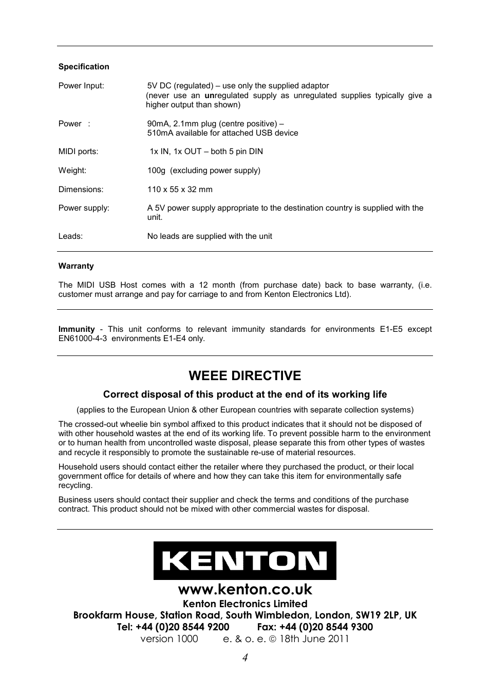 Weee directive | Kenton MIDI USB HOST User Manual | Page 4 / 4