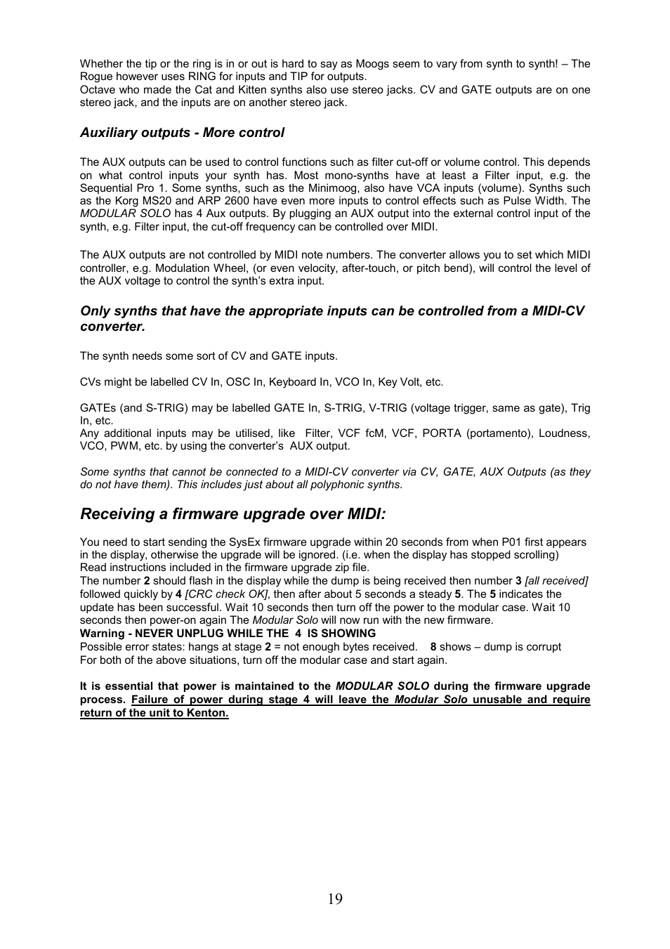 Receiving a firmware upgrade over midi | Kenton Modular Solo User Manual | Page 19 / 24