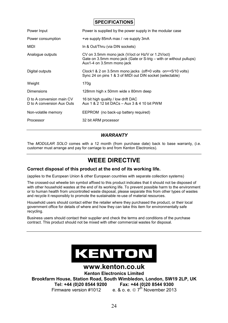 Weee directive | Kenton Modular Solo User Manual | Page 24 / 24