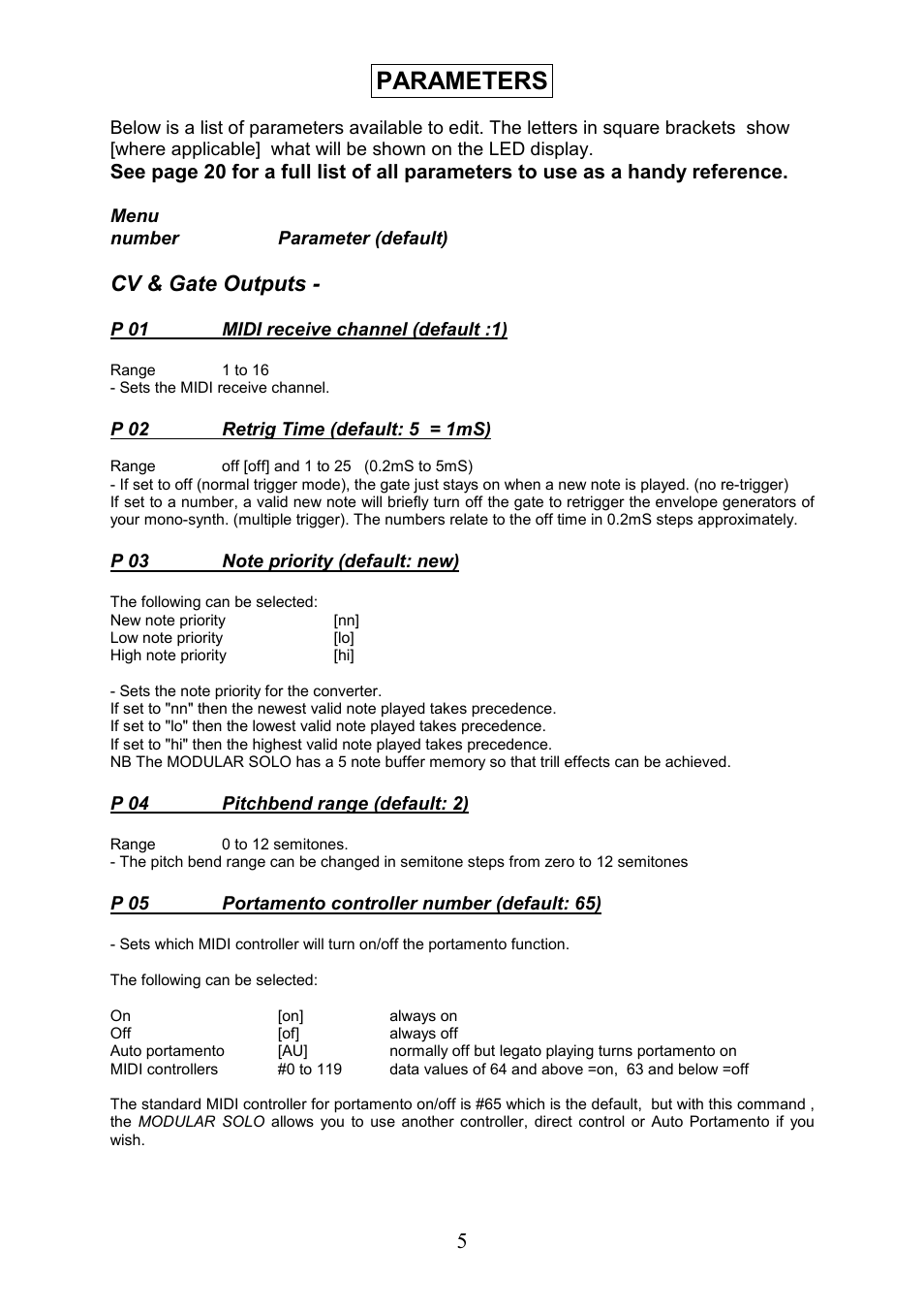 Parameters, Cv & gate outputs | Kenton Modular Solo User Manual | Page 5 / 24