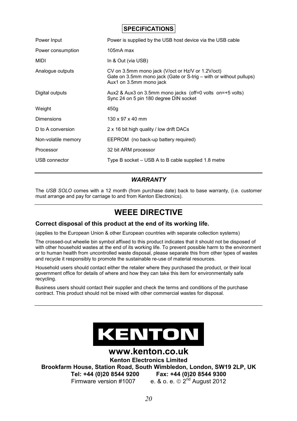 Weee directive, Warranty, August 2012 specifications | Kenton USB-Solo User Manual | Page 20 / 20