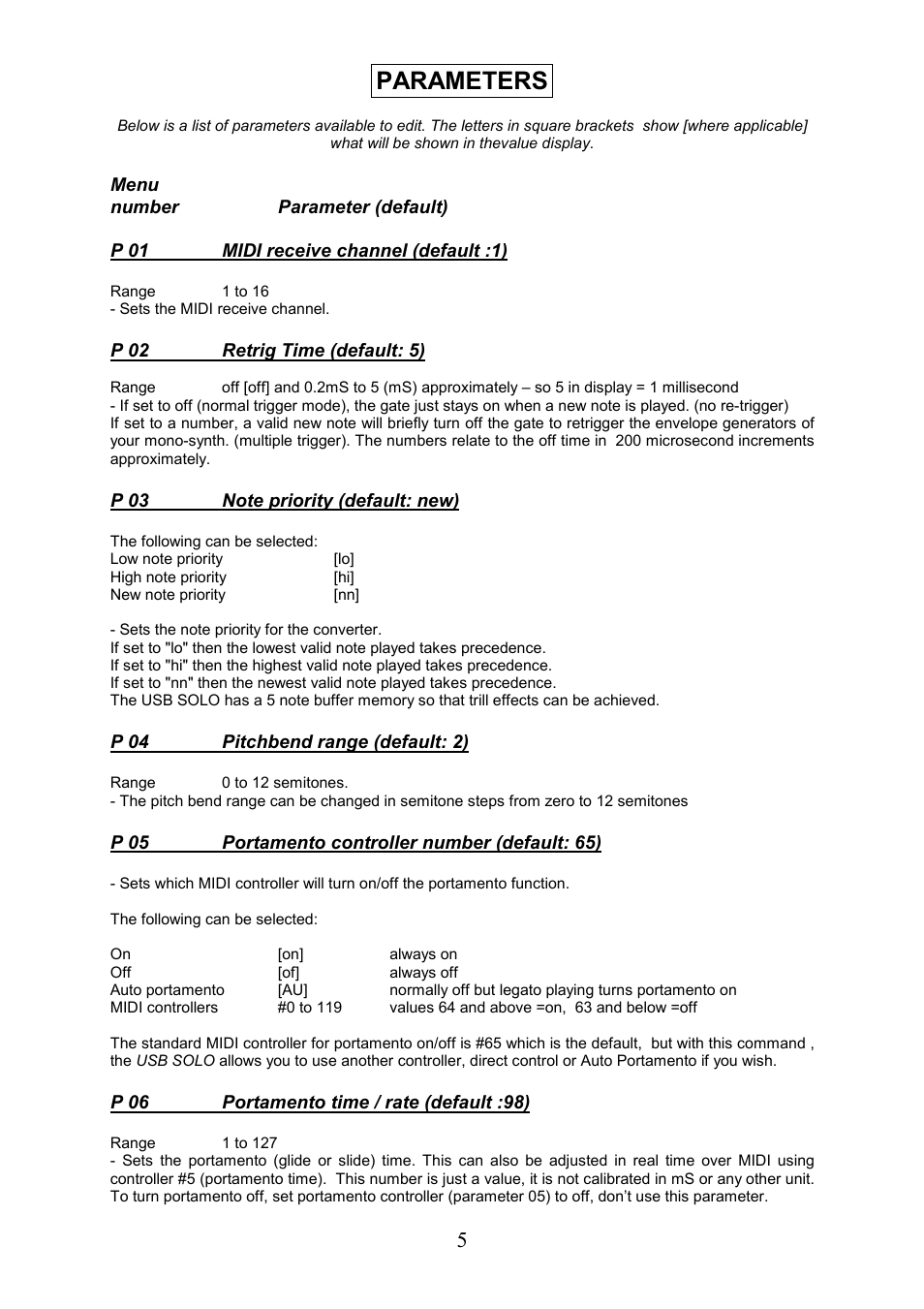 Parameters | Kenton USB-Solo User Manual | Page 5 / 20