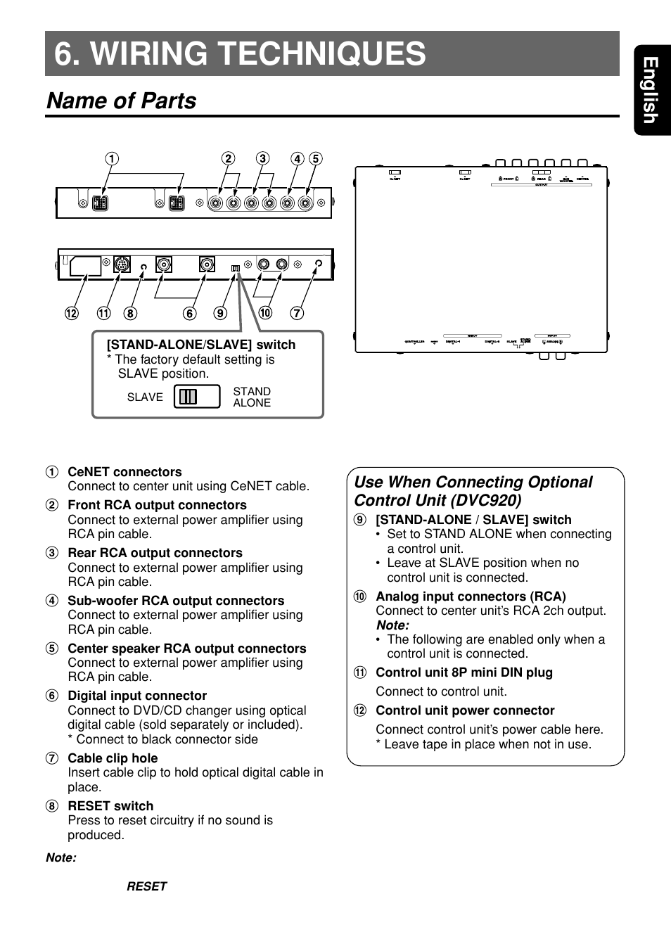 Wiring techniques, Name of parts, Wiring techniques name of parts | 11 english, Use when connecting optional control unit (dvc920) | Clarion DVH940N User Manual | Page 11 / 65