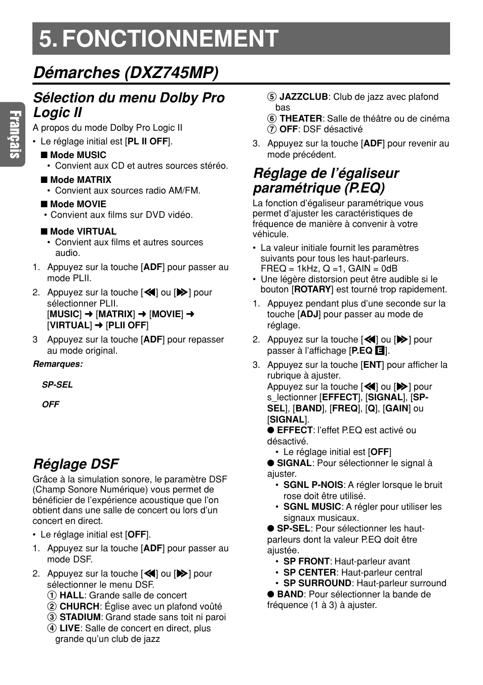 Fonctionnement, Démarches (dxz745mp), Fonctionnement démarches (dxz745mp) | Sélection du menu dolby pro logic ii, Réglage dsf, Réglage de l’égaliseur paramétrique (p.eq) | Clarion DVH940N User Manual | Page 23 / 65