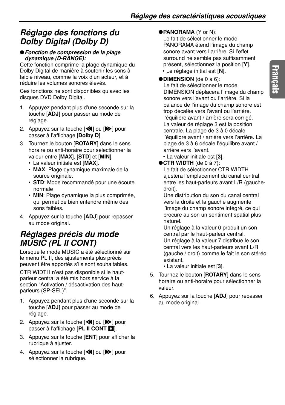Réglage des fonctions du dolby digital (dolby d), Réglages précis du mode music (pl ii cont), Réglage des caractéristiques acoustiques | Clarion DVH940N User Manual | Page 26 / 65