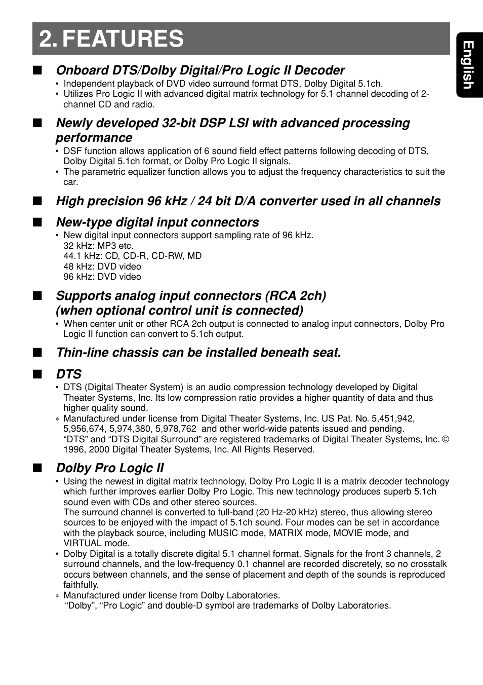 Features, 3english, Onboard dts/dolby digital/pro logic ii decoder | New-type digital input connectors, Thin-line chassis can be installed beneath seat, Dolby pro logic ii | Clarion DVH940N User Manual | Page 3 / 65