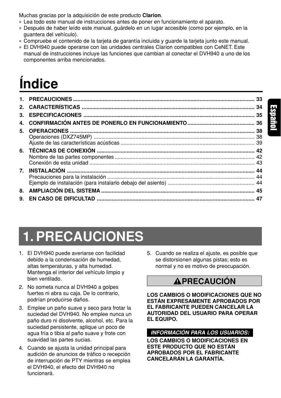 Índice, Precauciones, Precaución | Clarion DVH940N User Manual | Page 35 / 65