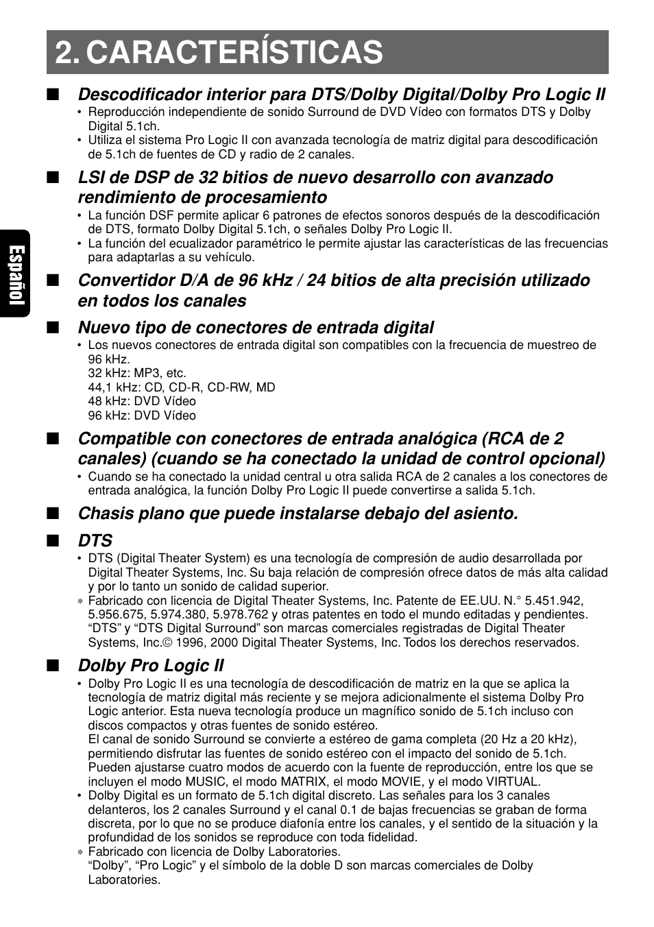 Características, Nuevo tipo de conectores de entrada digital, Dolby pro logic ii | Clarion DVH940N User Manual | Page 36 / 65