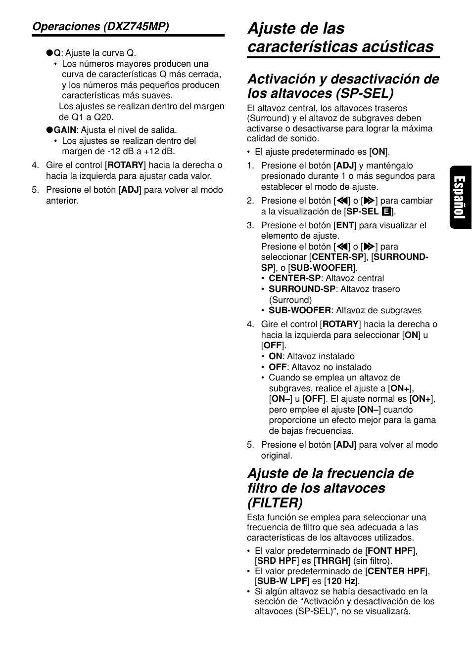 Ajuste de las características acústicas, Operaciones (dxz745mp) | Clarion DVH940N User Manual | Page 41 / 65