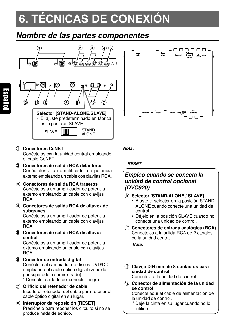 Técnicas de conexión, Nombre de las partes componentes | Clarion DVH940N User Manual | Page 44 / 65