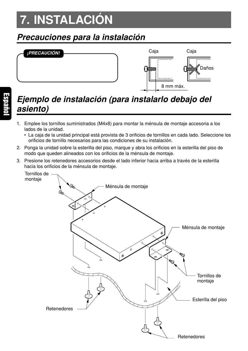 Instalación, Precauciones para la instalación | Clarion DVH940N User Manual | Page 46 / 65