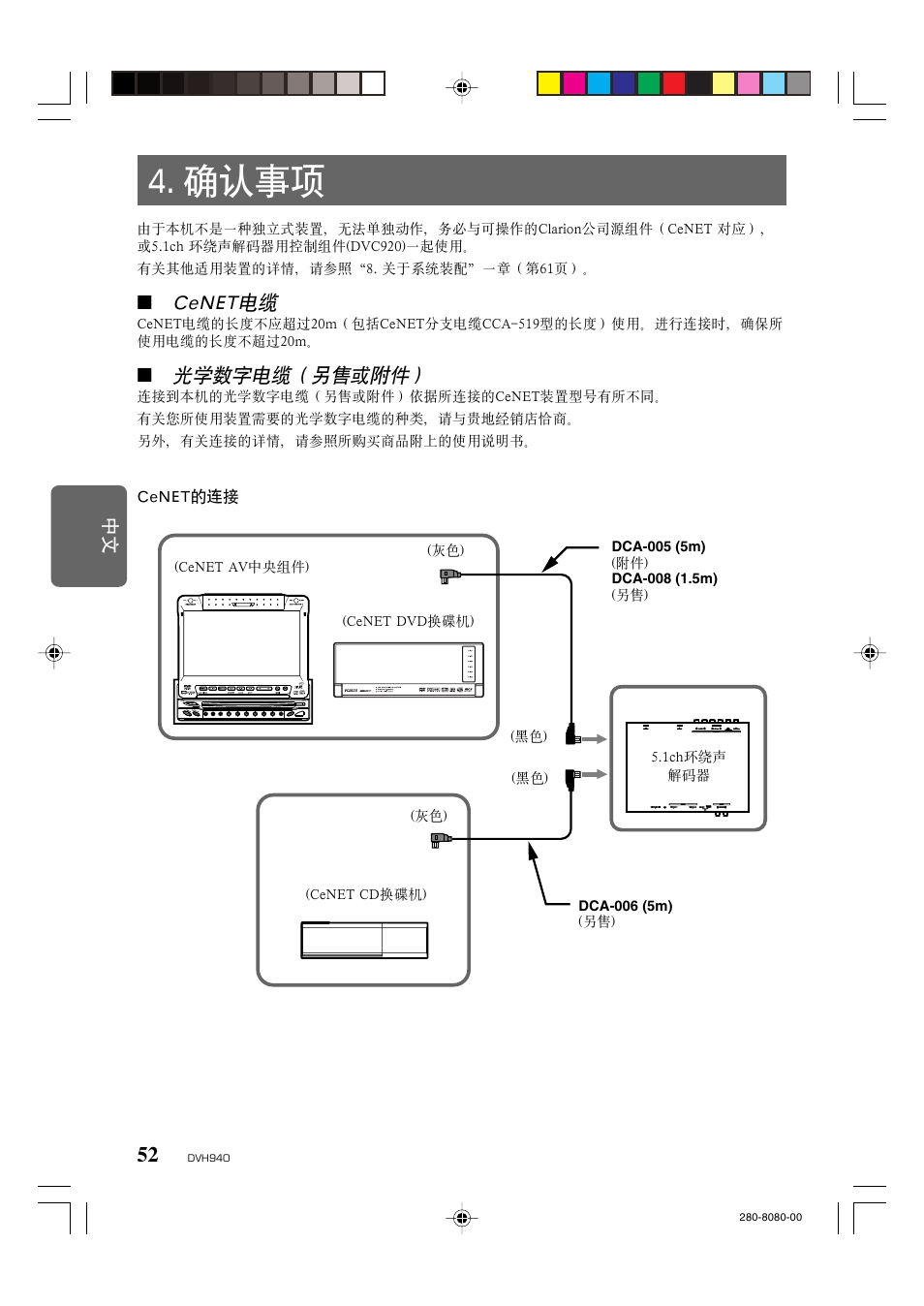 确认事项, Cenet电缆, 光学数字电缆（另售或附件 | Clarion DVH940N User Manual | Page 54 / 65