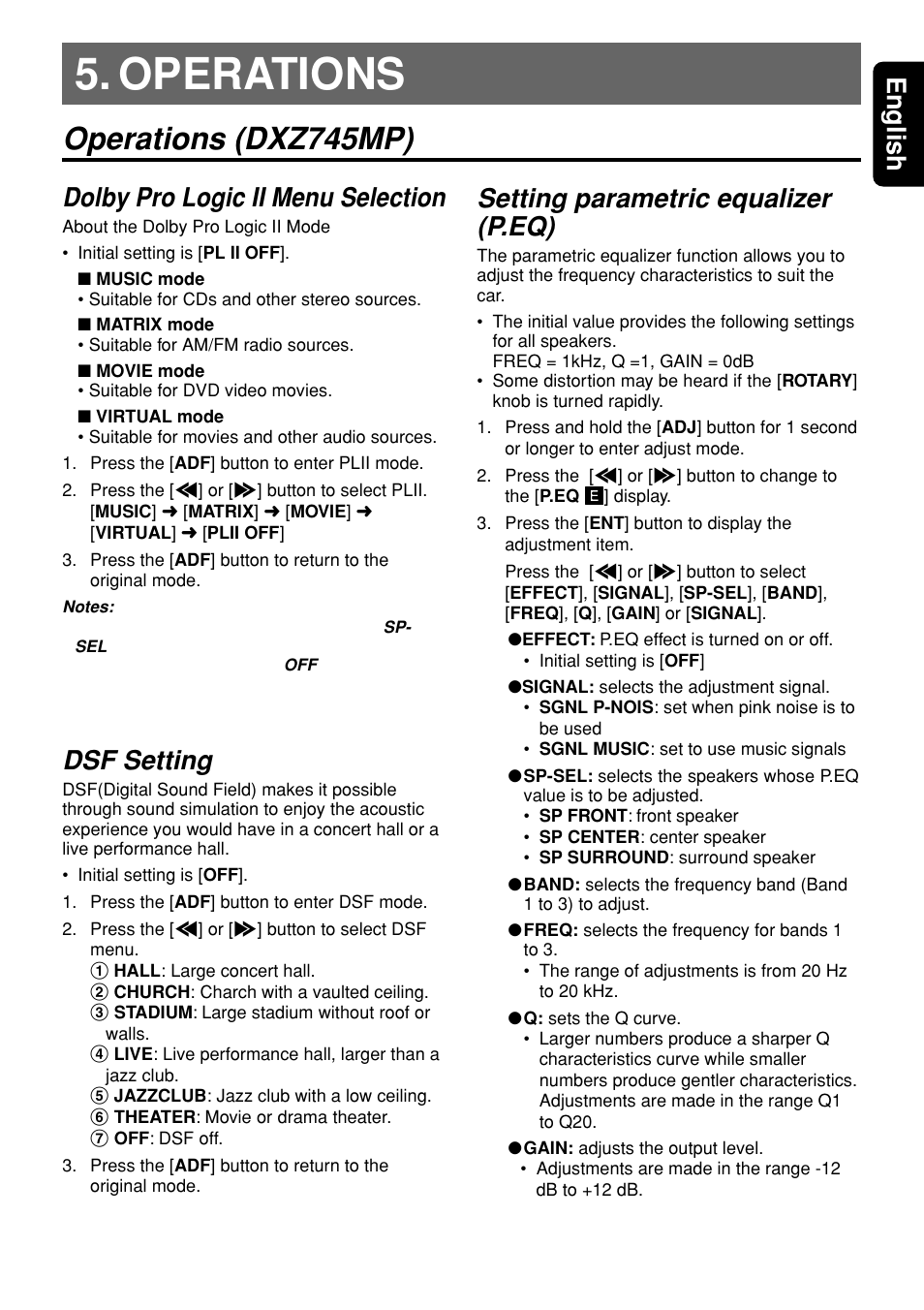 Operations, Operations (dxz745mp), Operations operations (dxz745mp) | 7english dolby pro logic ii menu selection, Dsf setting, Setting parametric equalizer (p.eq) | Clarion DVH940N User Manual | Page 7 / 65