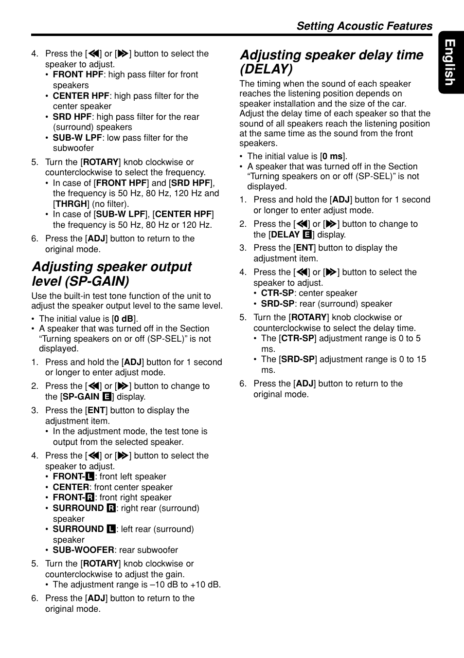 9english, Adjusting speaker output level (sp-gain), Adjusting speaker delay time (delay) | Setting acoustic features | Clarion DVH940N User Manual | Page 9 / 65