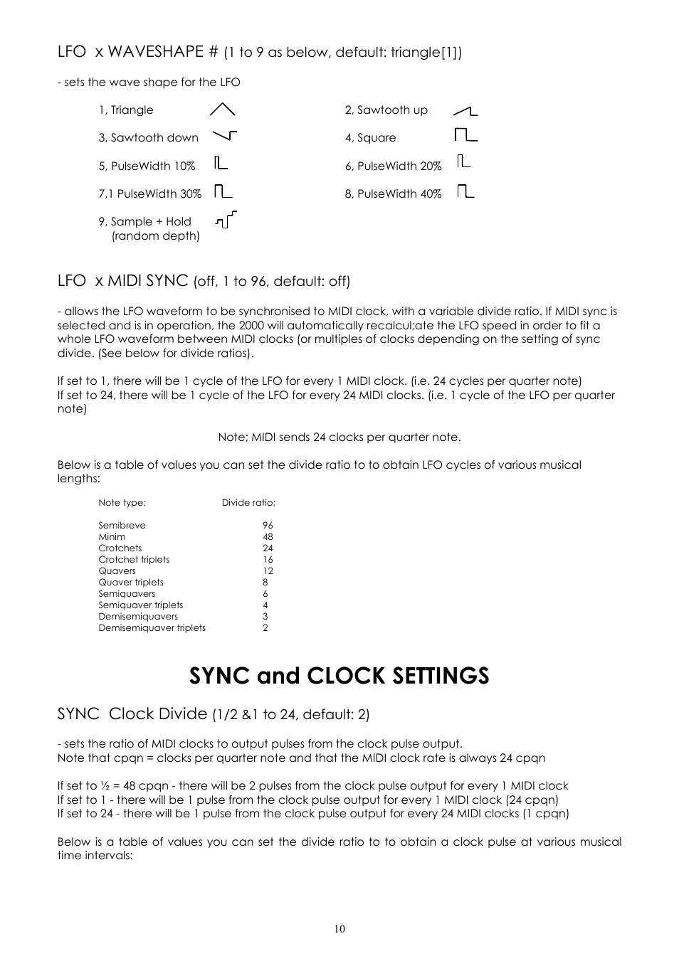 Sync and clock settings, Lfo x waveshape, Lfo x midi sync | Sync clock divide, 1 to 9 as below, default: triangle[1]), Off, 1 to 96, default: off) | Kenton Pro-2000 MkII User Manual | Page 11 / 21