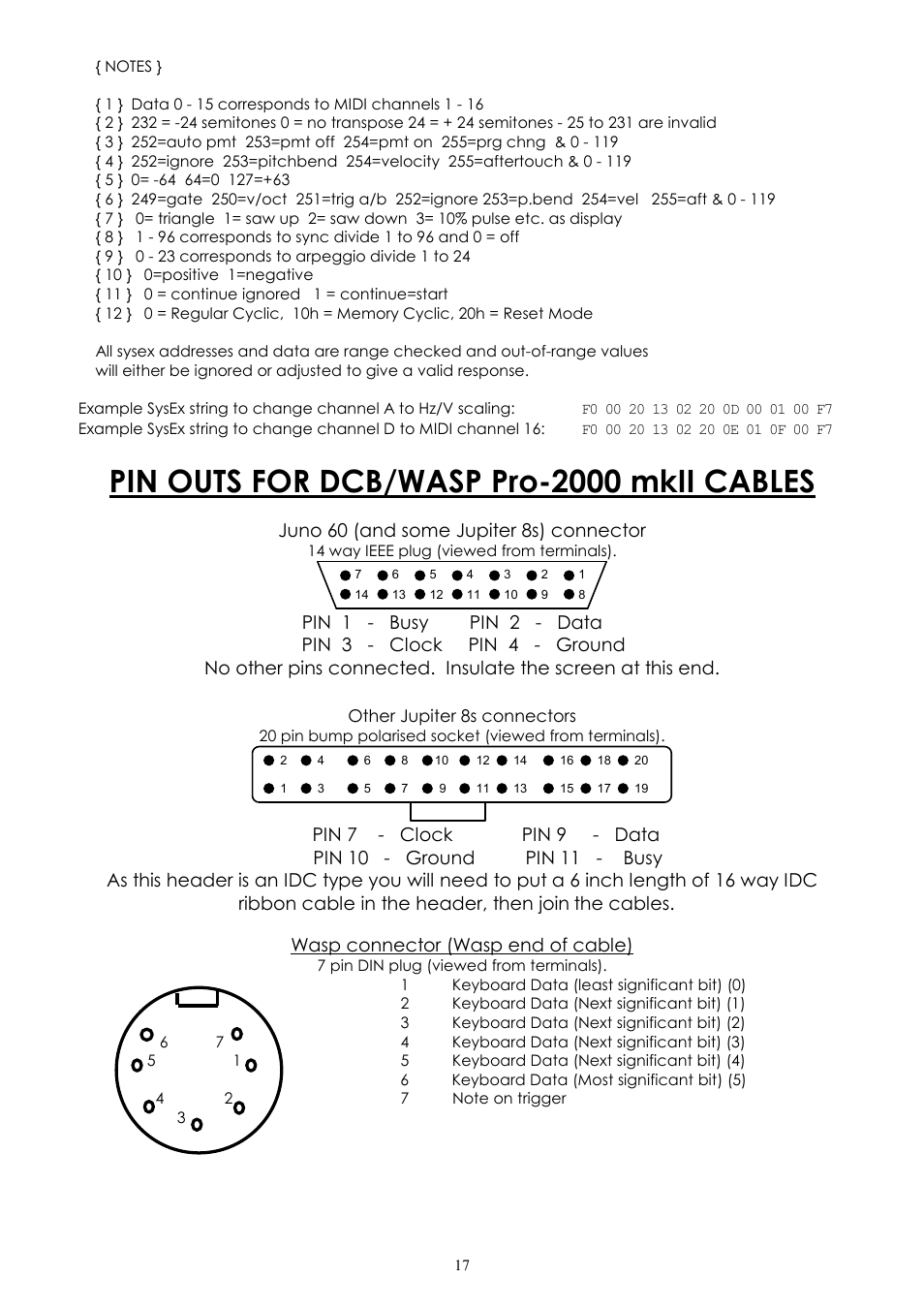 Pin outs for dcb/wasp pro-2000 mkii cables | Kenton Pro-2000 MkII User Manual | Page 18 / 21