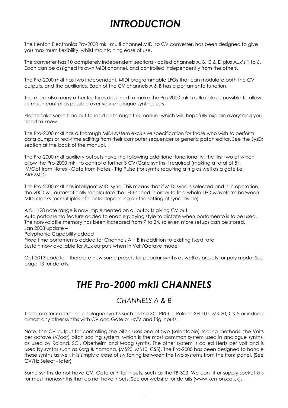 Introduction, The pro-2000 mkii channels, Channels a & b | Kenton Pro-2000 MkII User Manual | Page 2 / 21