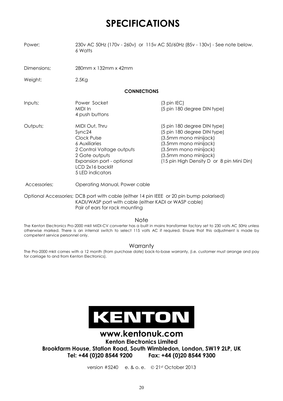 Specifications, Warranty | Kenton Pro-2000 MkII User Manual | Page 21 / 21