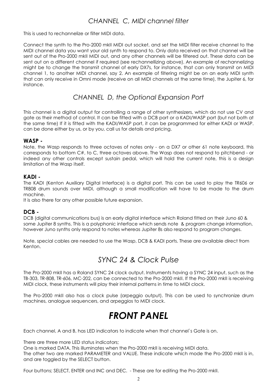 Front panel, Sync 24 & clock pulse, Channel c, midi channel filter | Channel d, the optional expansion port | Kenton Pro-2000 MkII User Manual | Page 3 / 21