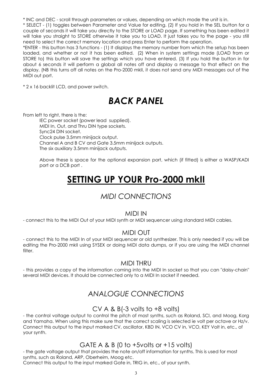 Back panel, Setting up your pro-2000 mkii, Midi connections | Analogue connections, Midi in, Midi out, Midi thru, Cv a & b(-3 volts to +8 volts), Gate a & b (0 to +5volts or +15 volts) | Kenton Pro-2000 MkII User Manual | Page 4 / 21